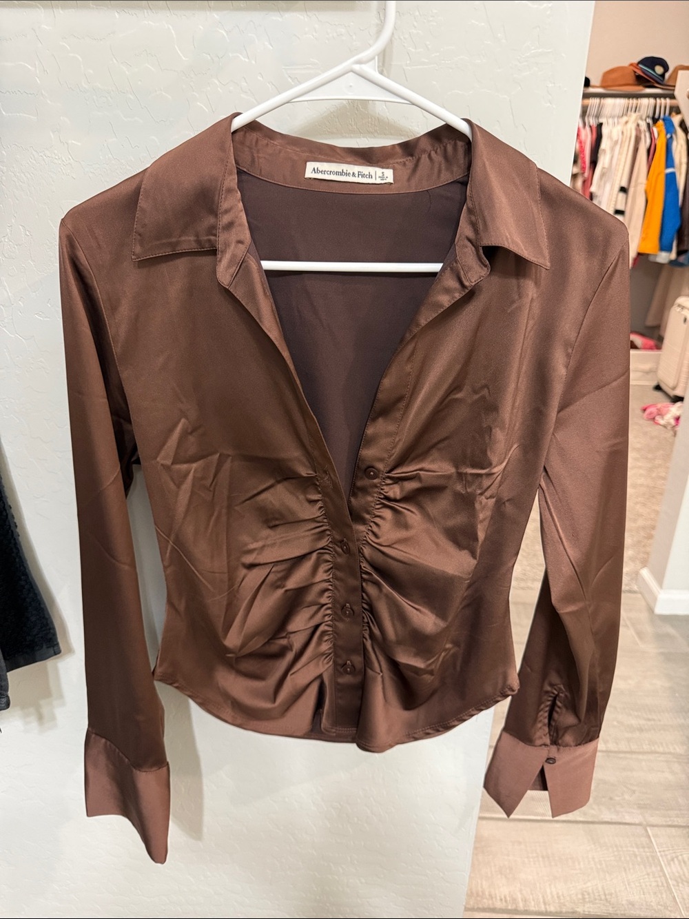 Abercrombie & Fitch Chocolate Brown Satin Ruched Button-Front Shirt